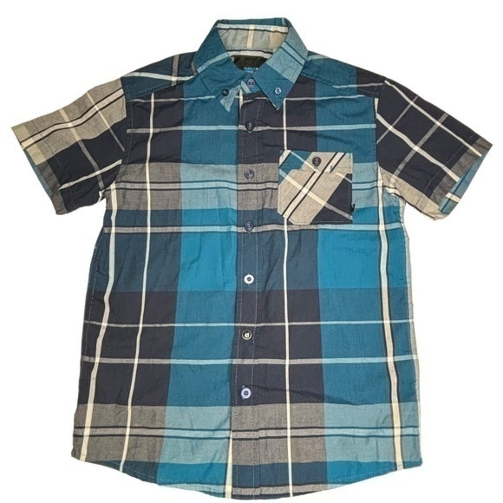 Amplify Boys Top Size S 8‎ Blue and White Plaid Short Sleeve Button Down Top